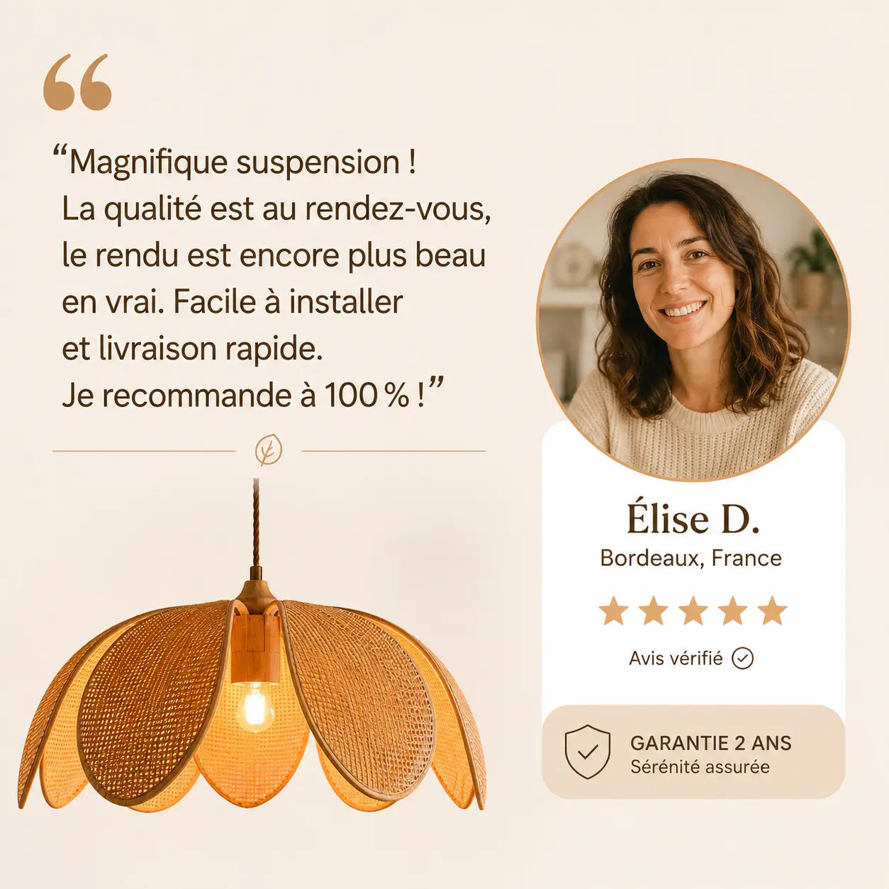 Suspension Rotin Naturel Pétales LED