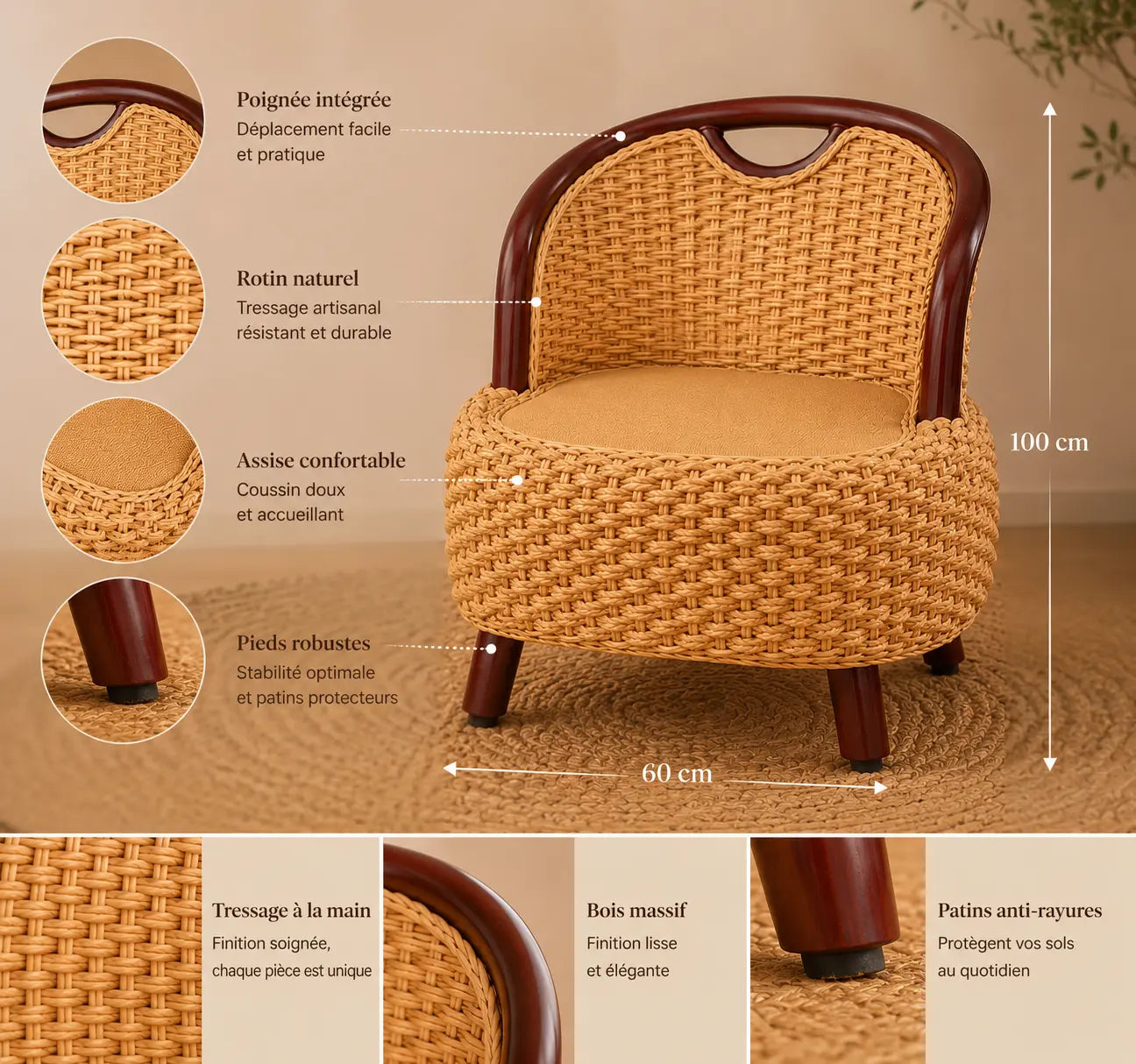 Fauteuil En Rotin Naturel Tressé Japonais Marron/Beige