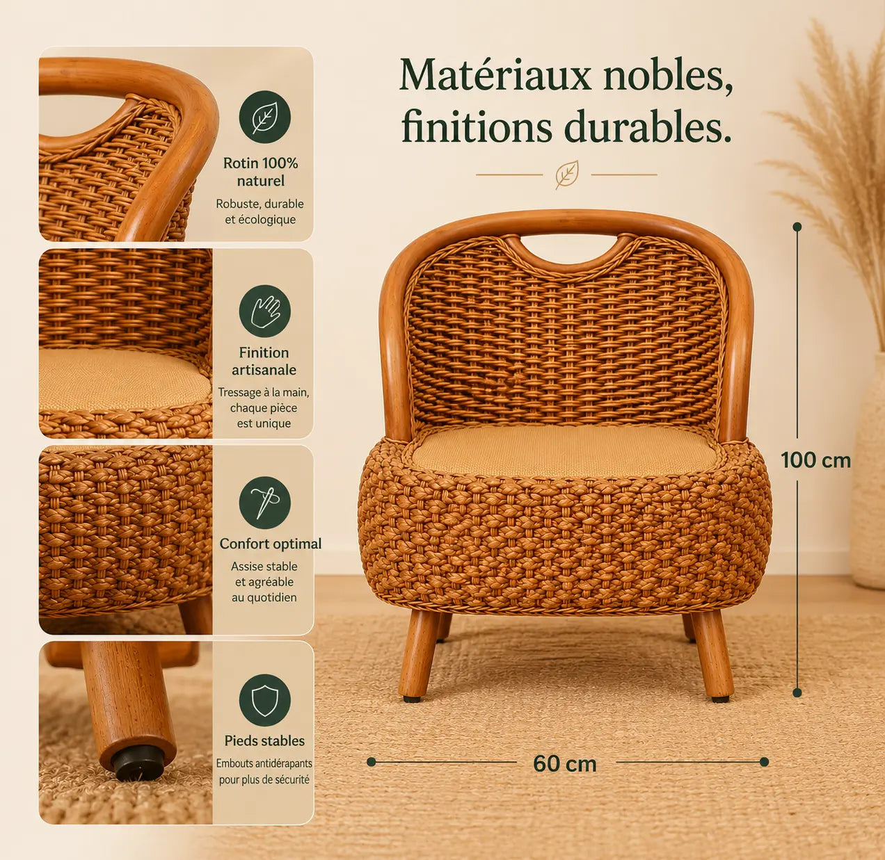 Fauteuil En Rotin Naturel Tressé Japonais Marron