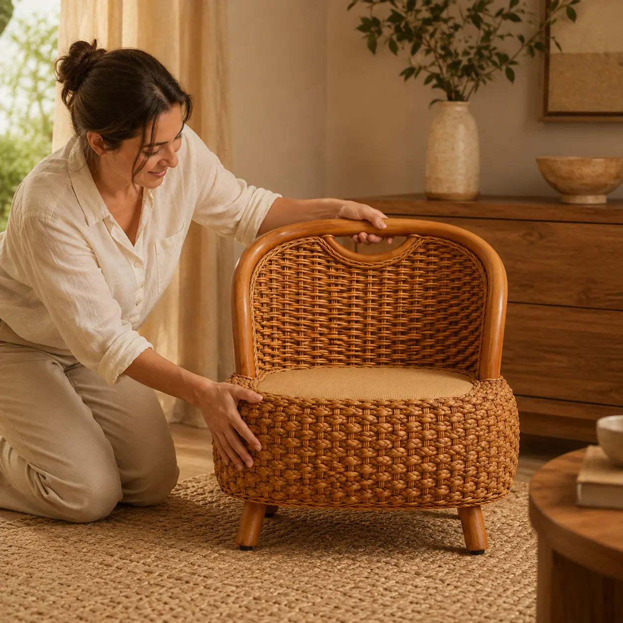 Fauteuil En Rotin Naturel Tressé Japonais Marron