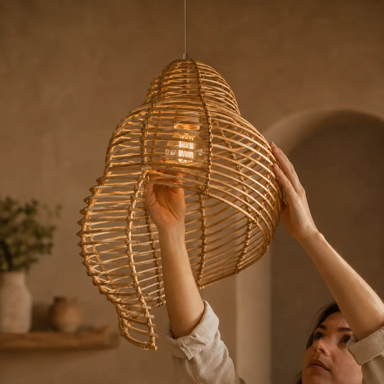 Lustre En Rotin Coquillage Led Créatif
