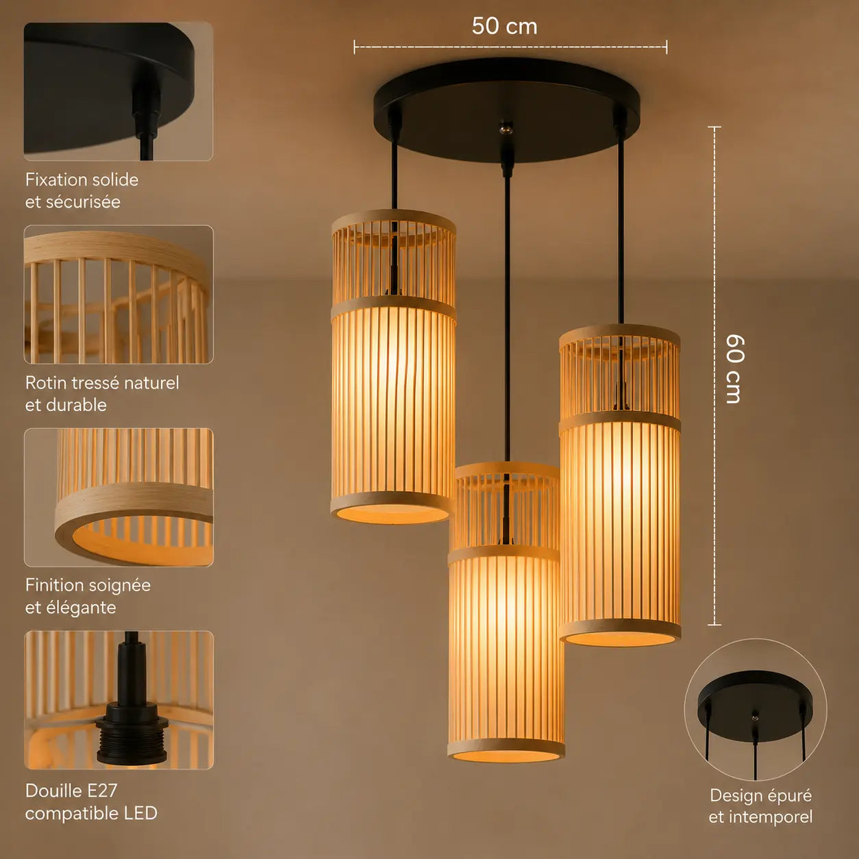 Triples Lustres En Rotin Cylindrique