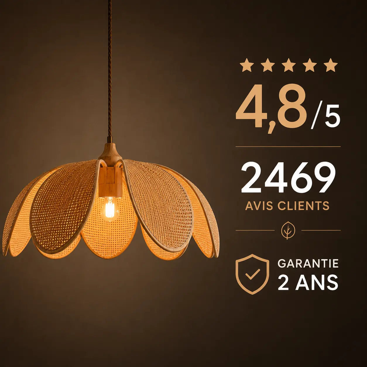 Suspension Rotin Naturel Pétales LED