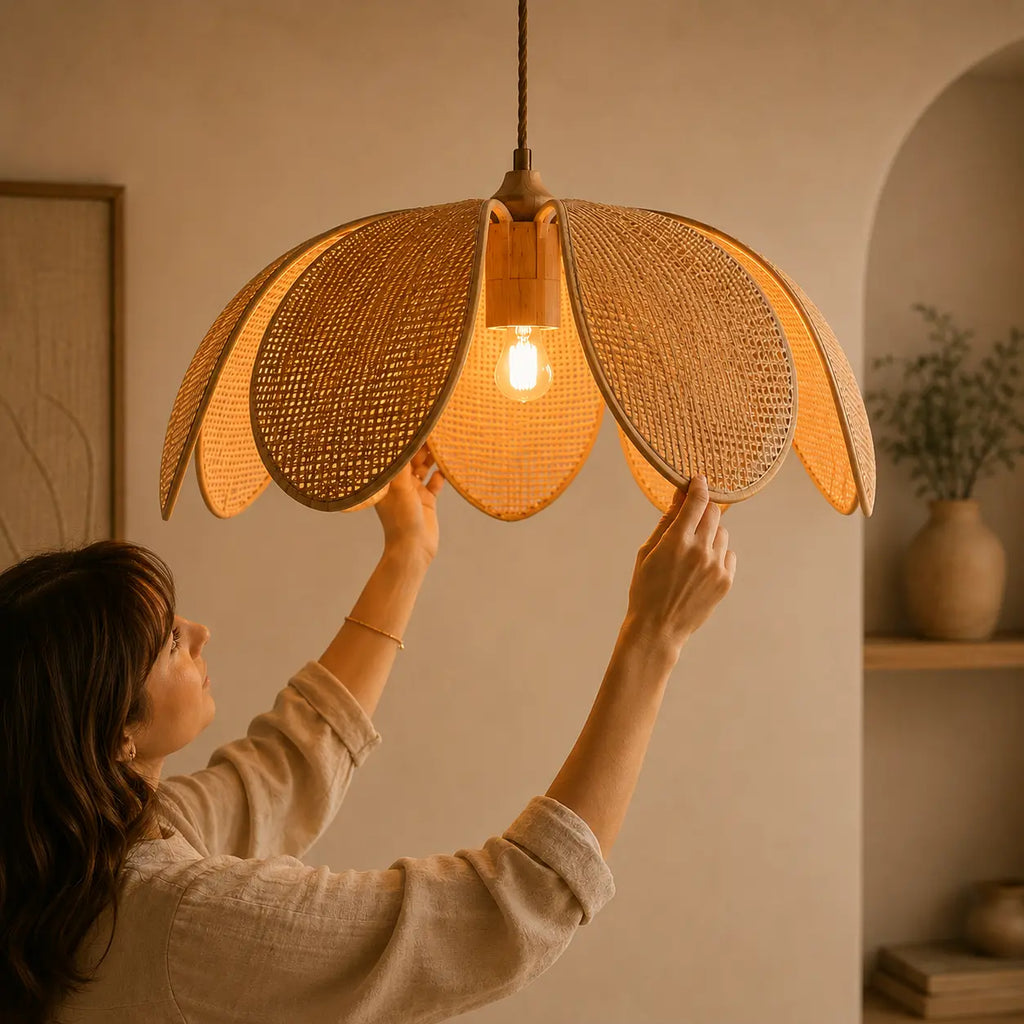Suspension Rotin Naturel Pétales LED