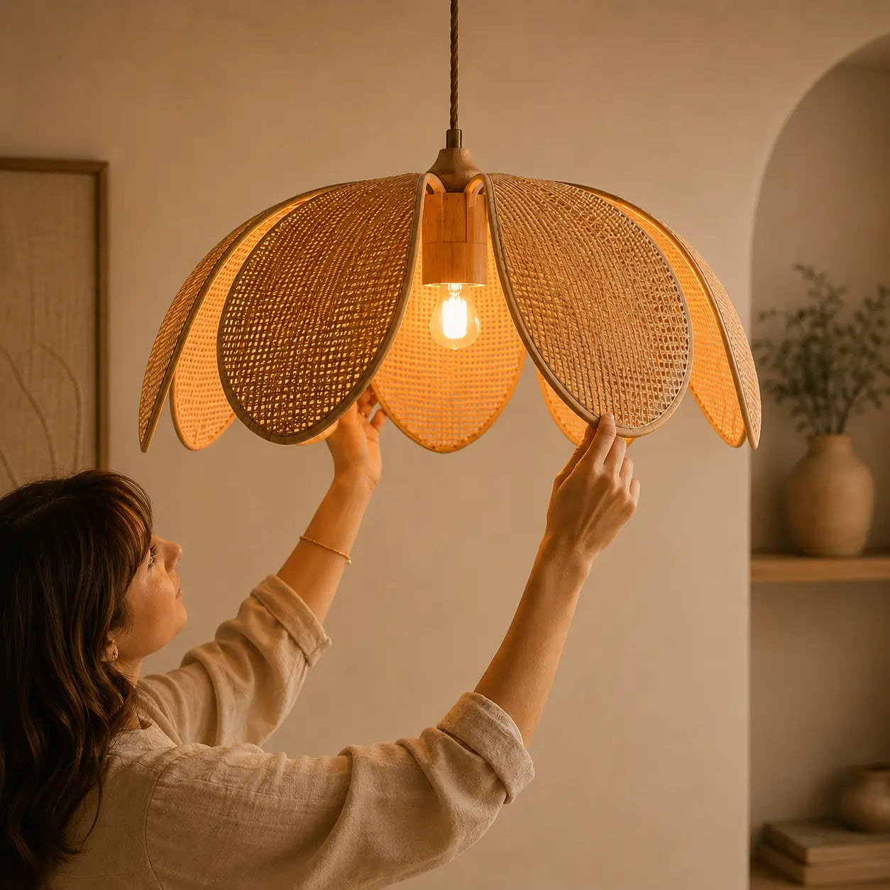 Suspension Rotin Naturel Pétales LED