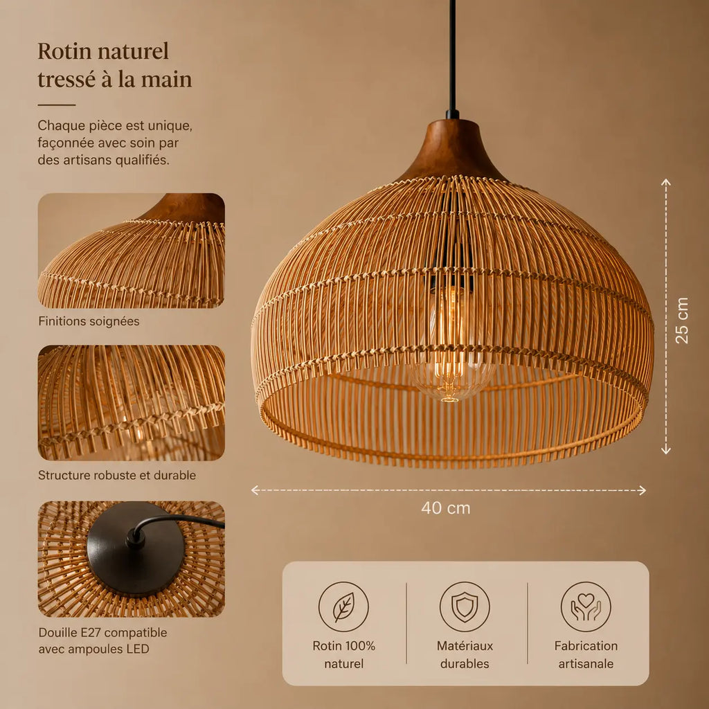 Suspension Rotin Ajustable Style Rétro