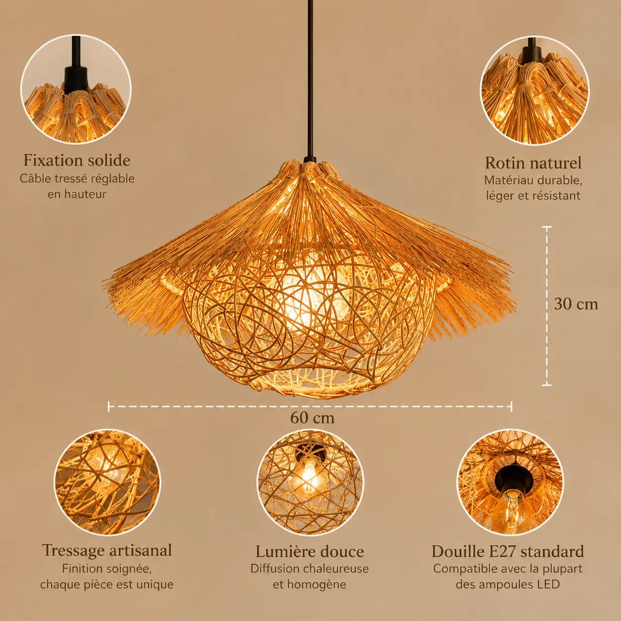 Lustre En Rotin Tressé Vintage